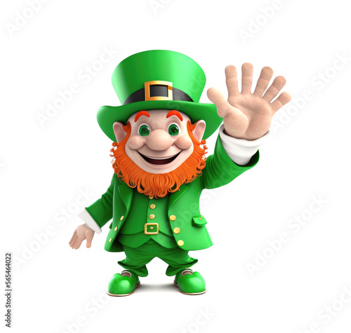 Leprechaun in green suit with red beard on a white background. Funny main character of Irish festivity. Saint Patrick day, human emotions, celebration, traditional holidays. Generative AI