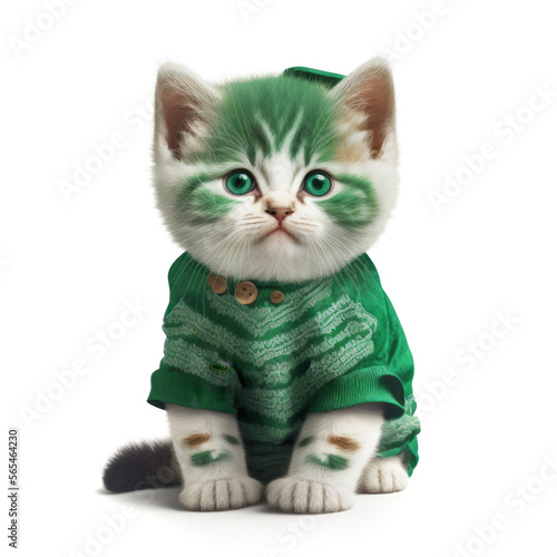 St Patrick's Day concept. Funny kitten wearing leprechauns hat lookinh at camera on white background. Generative AI photo