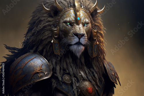 Lion animal portrait dressed as a warrior fighter or combatant soldier concept. Ai generated