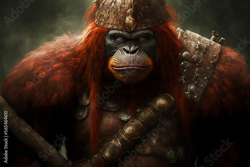 Orangutan animal portrait dressed as a warrior fighter or combatant soldier concept. Ai generated