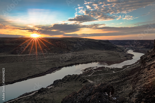 Snake River Canyon View at Sunset with blue sky and clouds, from Dedication Point overlook in Idaho