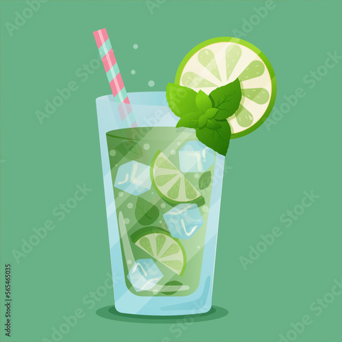 Mojito cocktail in a glass with a straw and with lime, mint leaves, ice and bubbles. Summer poster with mojito on green background. Non-alcoholic summer cocktail in a glass