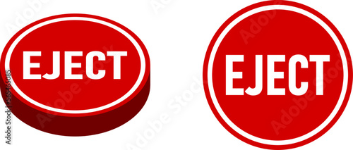 Red Eject Push Button Badge Icon Set with Top and Perspective Views. Vector Image.