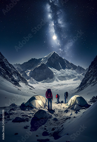 Mountaineers approaching the peak at night with tents