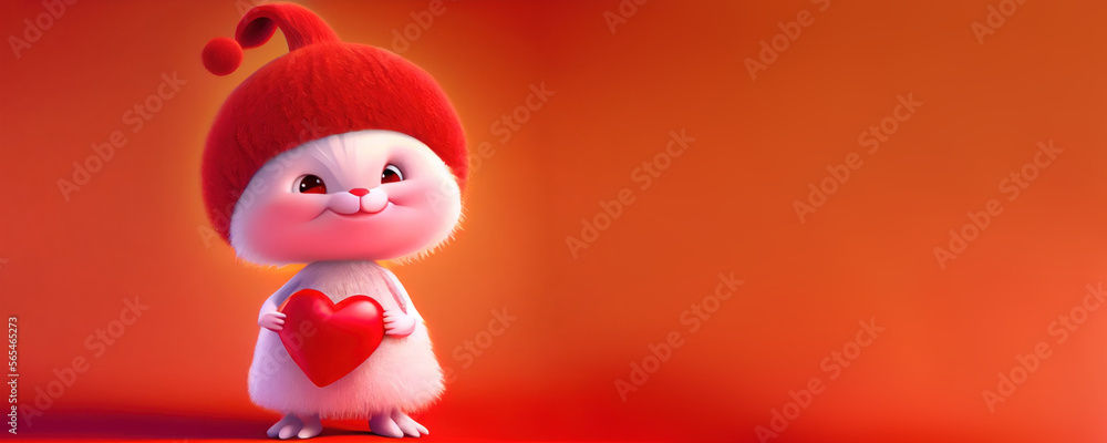 Cute bunny holding a heart, valentine's day  banner, space for text, generative ai 