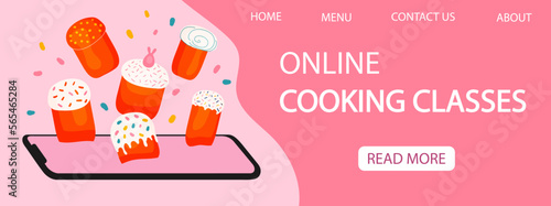 Online cooking classes landing page template with Easter cakes. Decorated Easter bread flying above smartphone. Hand drawn vector illustration