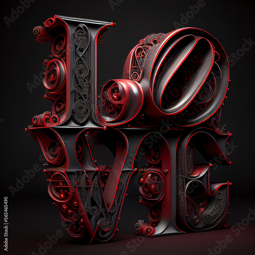 Fotografia, Obraz Text Love from voluminous 3D letters red on a black background with curls creati