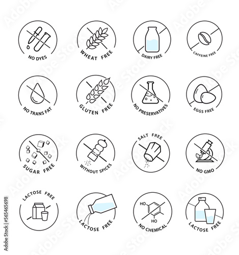 Lactose free, gluten, wheat, sugar and salt free icons. A set of icons ready to use in your design. Vector icons can be used on different backgrounds. EPS10.	