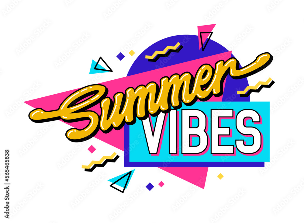 Retro-inspired - Summer Vibes - 90s style bright lettering. Isolated vector phrase with geometric shapes on background. Perfect for summer-themed designs, social media, posters