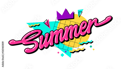 Playful 90s style calligraphy lettering illustration - Summer. Isolated vector typography phrase with geometric shapes on background. Colorful phrase design element. For designs, social media, posters
