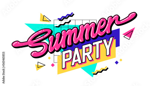 Bright lettering phrase - Summer party - in vivid playful 90s style. Isolated vector typography phrase with geometric shapes on background. Perfect for summer-themed designs, social media, posters