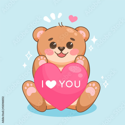 Cute cartoon teddy bear in kawaii style with heart