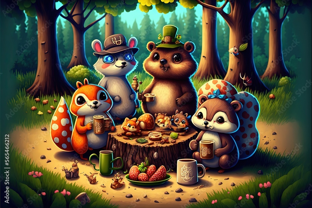 Obraz premium a painting of a forest with bears and bears having a picnic together, with a bear holding a mug and a bear holding a mug. generative ai