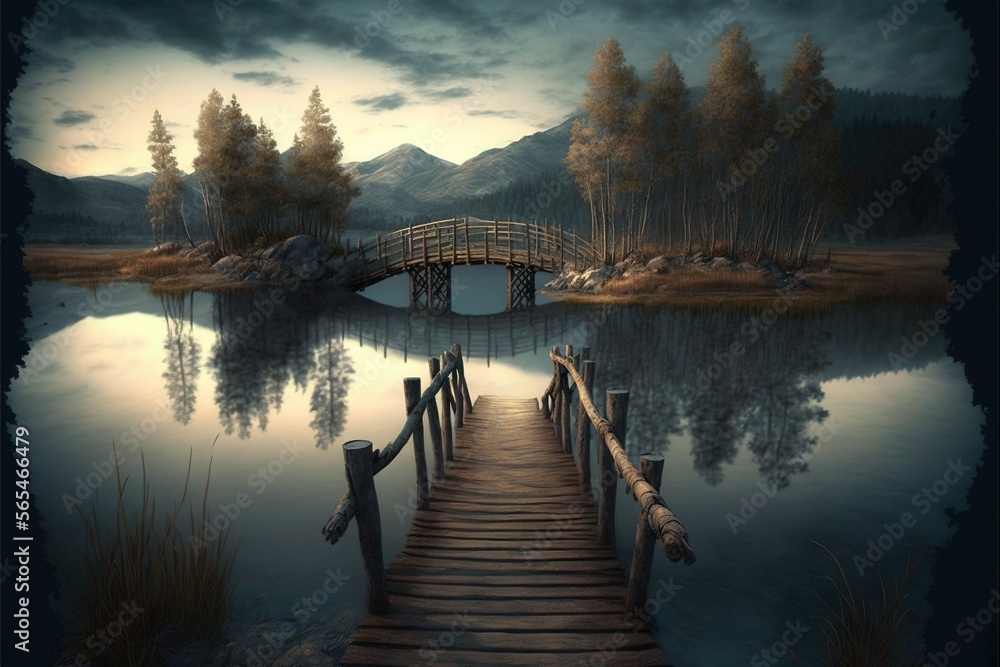  a painting of a bridge over a lake with a dock in the middle of it and a mountain in the background with a full moon.  generative ai