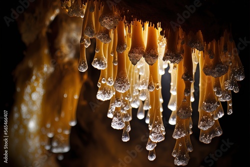 Whiterock Cave, Gunung Mulu National Park, Sarawak, Borneo, Malaysia. Note the tiny drips of water clinging to the base of a stalactite. Generative AI photo