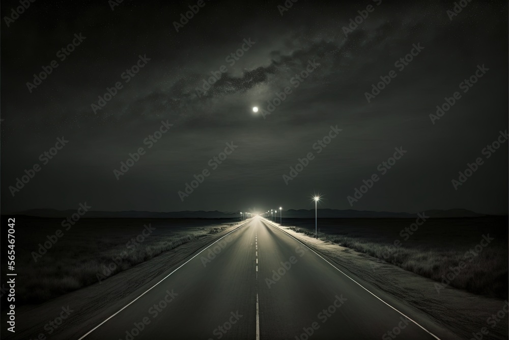 Fototapeta premium a long road with a full moon in the sky above it and a street light on the side of the road at night time with a dark sky. generative ai