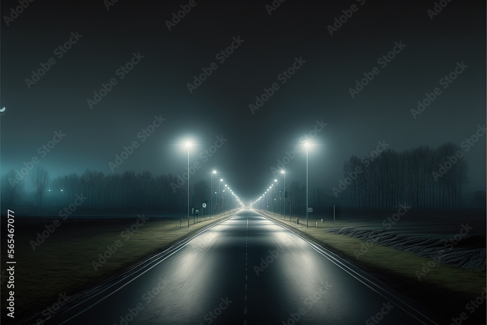 a long road with street lights on both sides of it at night time in the ...