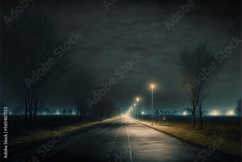  a dark street with a street light on it at night time with a dark sky and trees on the side of the road and a street light pole. generative ai