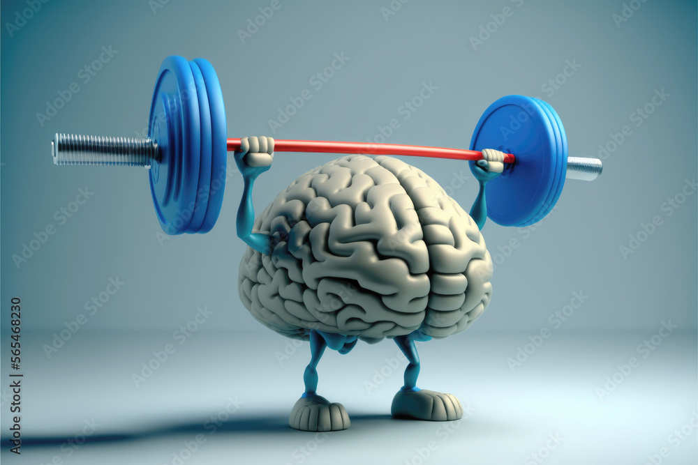 Human brain made of steel lifting a heavy dumbbell. Mind training concept. Generative AI - obrazy, fototapety, plakaty 