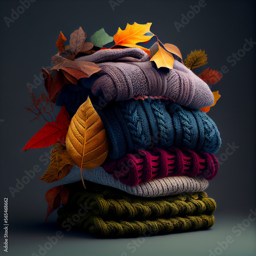 stack of knitted sweaters autumn leaves. Illustration Generative AI