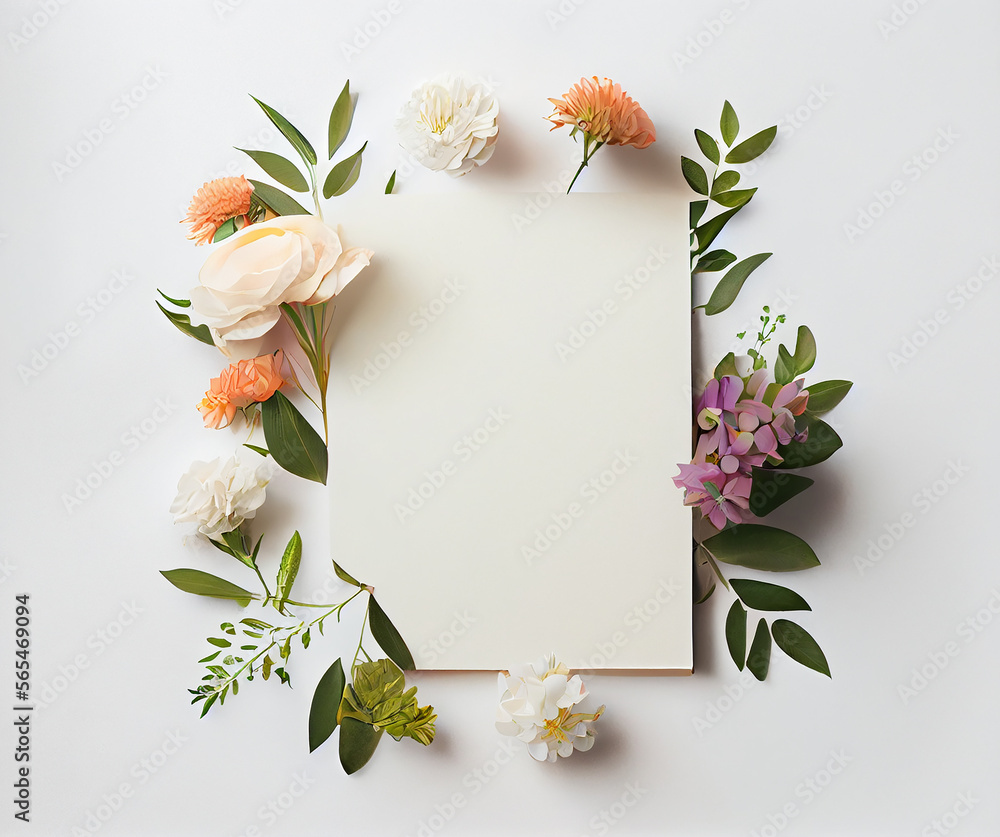 White empty frame beautiful gorgeous flowers arrangement on white background. Illustration Generative AI