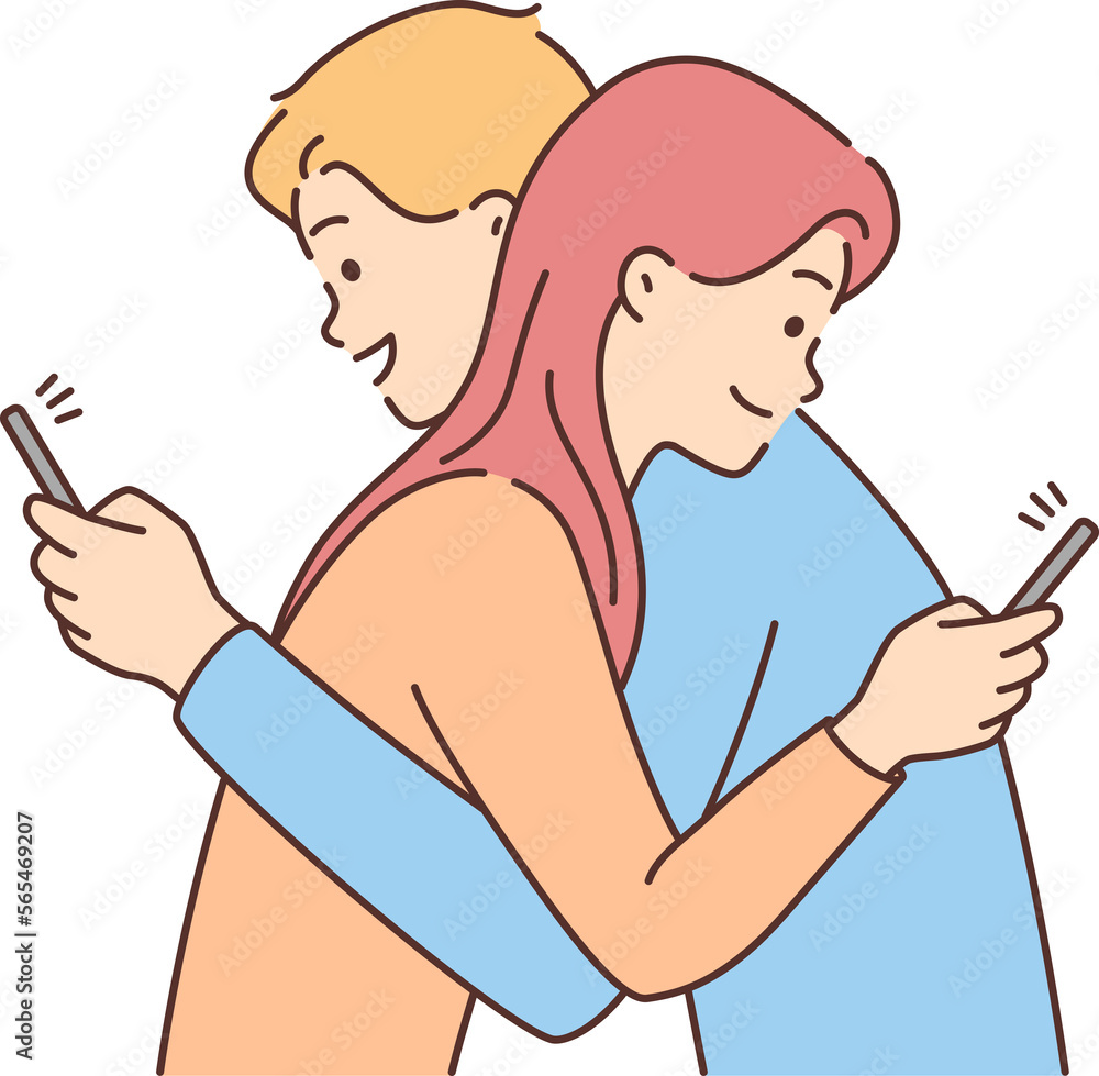 Obraz premium Couple hug using cellphone