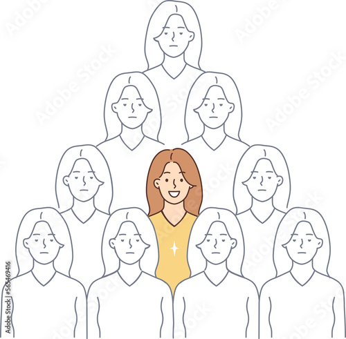 Smiling woman among grey identical people