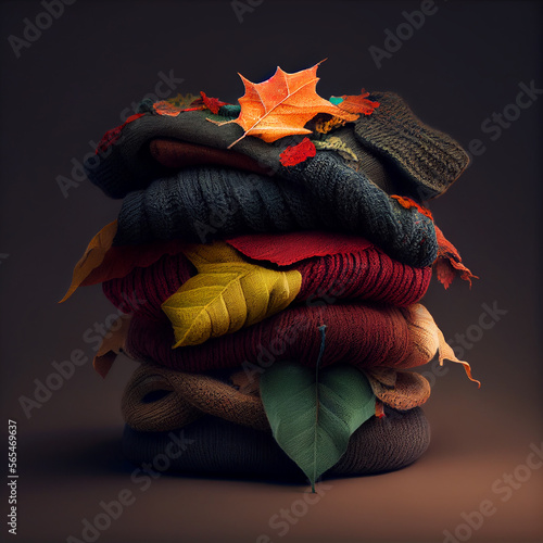 stack of knitted sweaters autumn leaves. Illustration Generative AI
