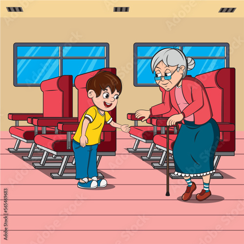Niño ayudando a una ancianita a sentarse en el autobus.