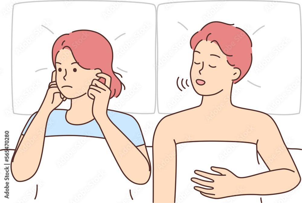 Fototapeta premium Unhappy woman suffer from man snoring
