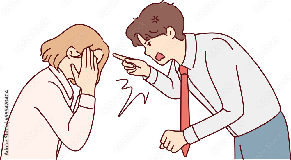 Furious businessman scolding stressed female employee Furious businessman scolding stressed female employee