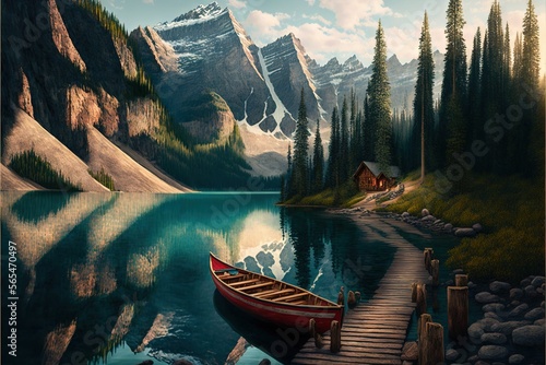  a painting of a boat on a lake with mountains in the background and a dock with a boat on it and a cabin on the shore.  generative ai © Anna