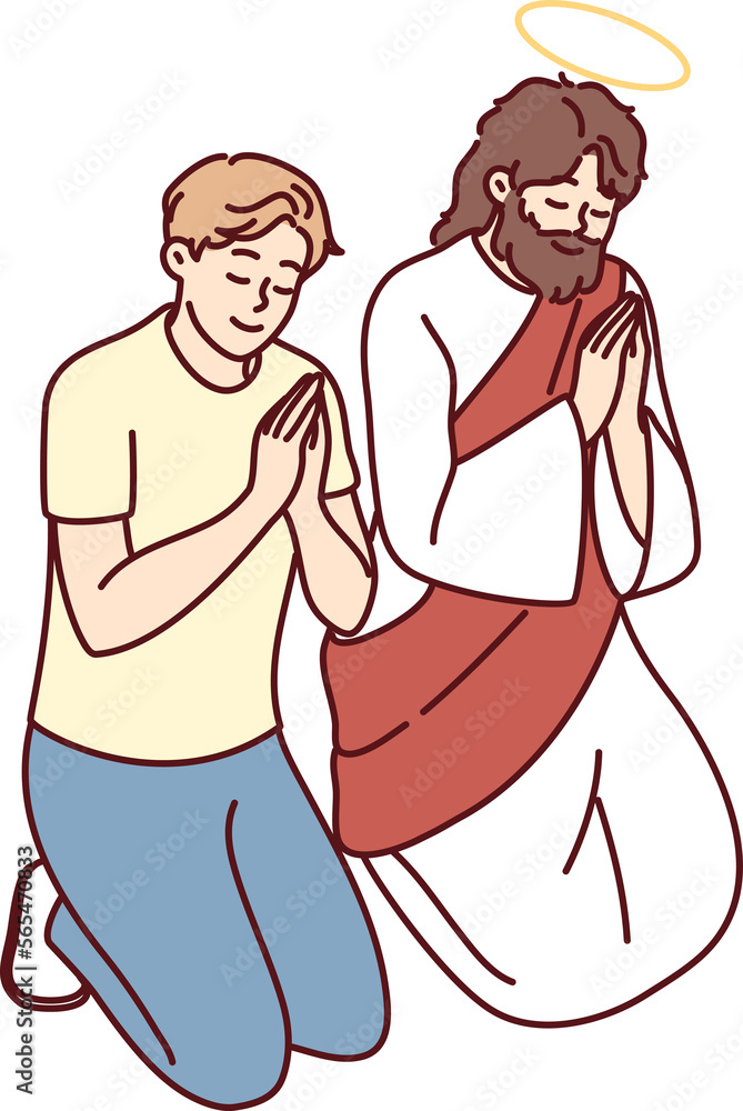 Religious man pray kneeling with Jesus Christ