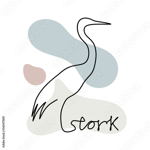 Continuous line drawing of Stork. Single continuous line drawing stork with text Strok isolated on white background. Vector illustration