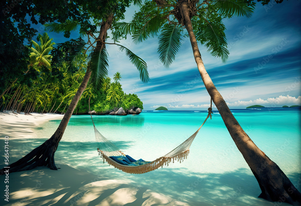  a hammock hanging between two palm trees on a tropical beach with clear blue water and a sandy shore with a rock formation in the background.  generative ai - obrazy, fototapety, plakaty 