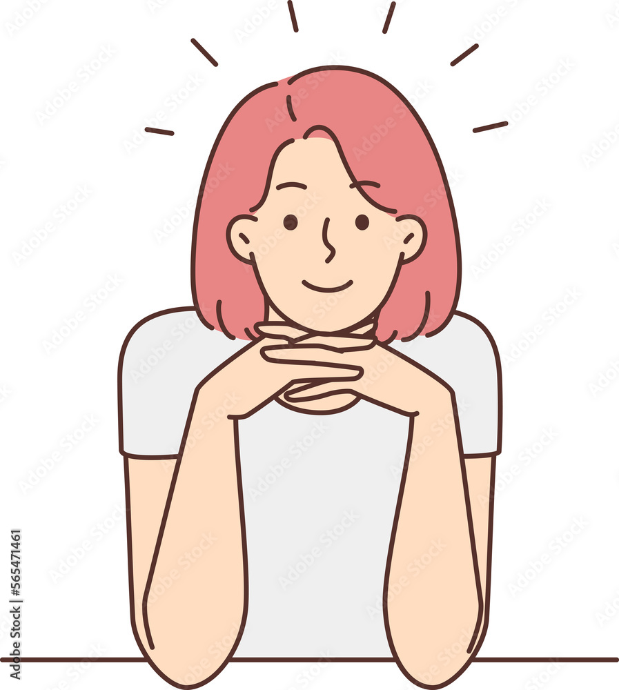 Smiling woman sit at desk talking with someone Smiling woman sit at desk talking with someone