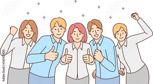 Smiling businesspeople celebrate shared business success