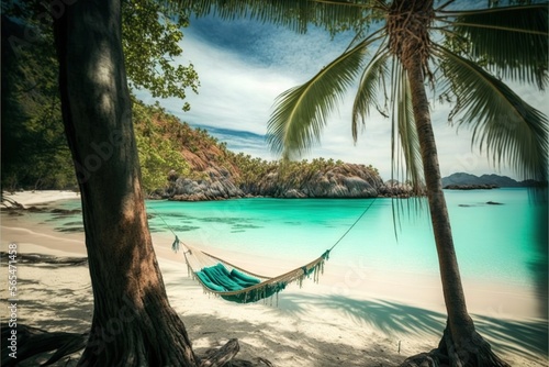 a hammock hanging from a tree on a beach with clear blue water and a rocky shore in the background with a palm tree.  generative ai