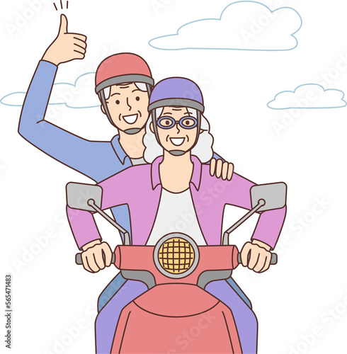 Smiling mature couple driving motorbike