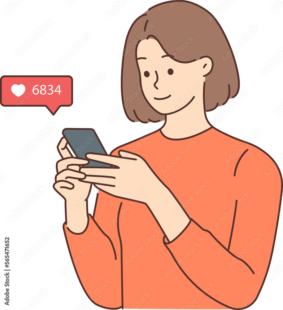 Smiling woman check likes on cellphone Smiling woman check likes on cellphone