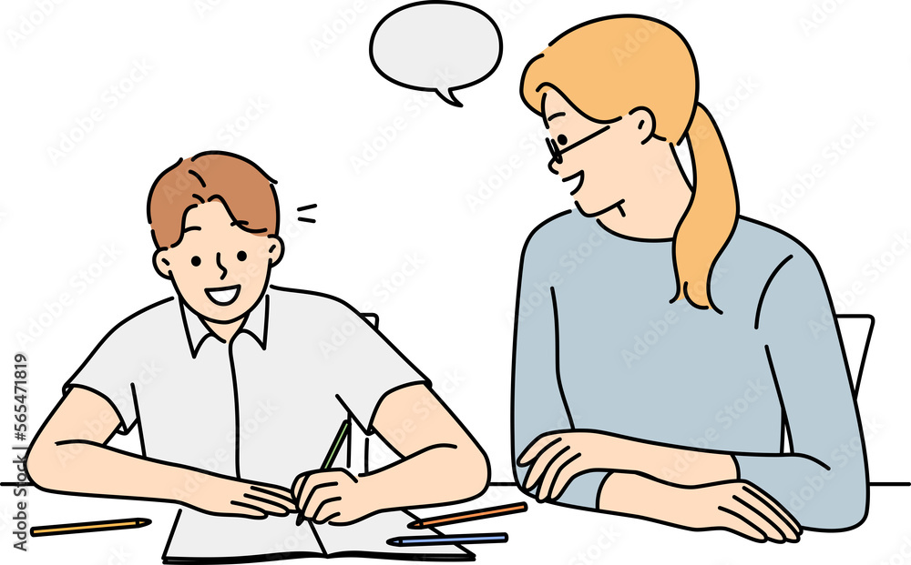 Mother do homework with smiling son