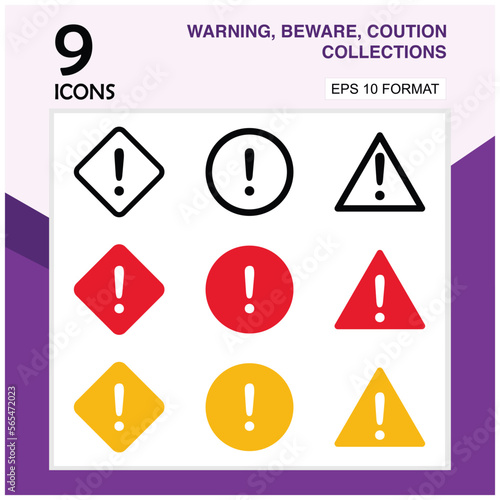 Warning sign vector set in flat style. Exclamation mark and warning sign. Suitable for use in project symbols, warnings, signs in the lab, or on roads. editable icon sets