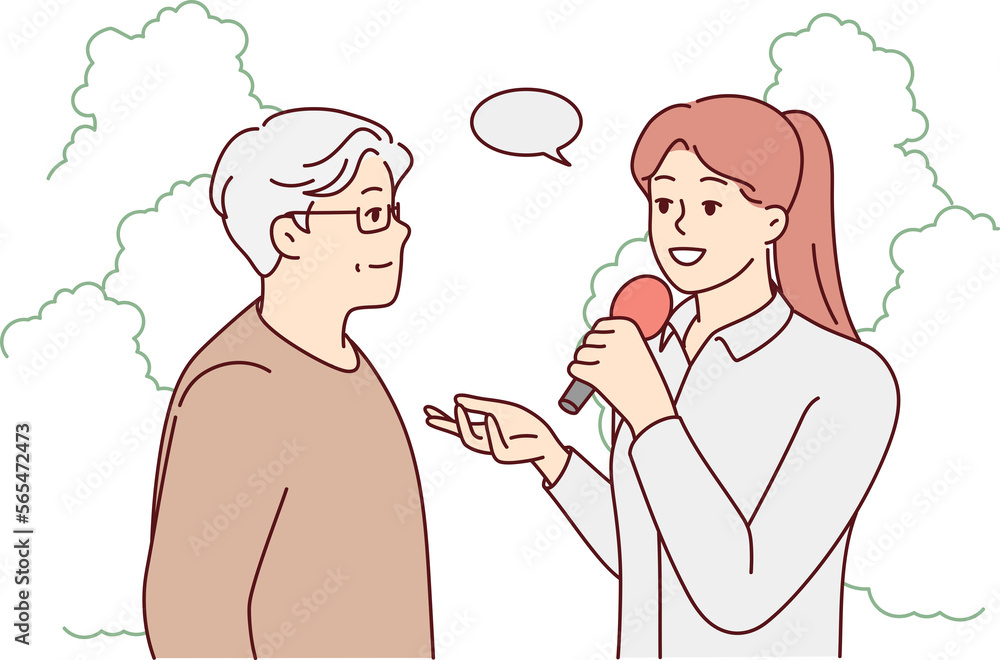 Female journalist interview elderly man Female journalist interview elderly man