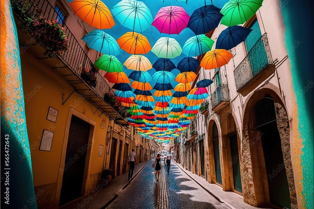 a street with many umbrellas hanging from the ceiling of it's buildings ...