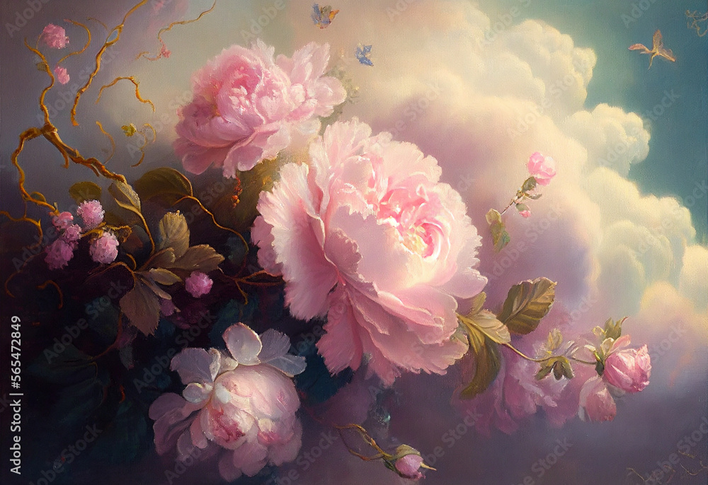 Romantic oil painting of pink roses and clouds. Created with generative AI. Romantic oil painting of pink roses and clouds. Created with generative AI.