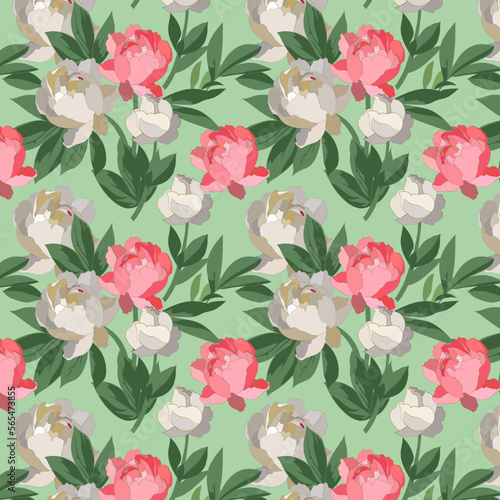 Pattern with stylized peony flowers in pastel colors