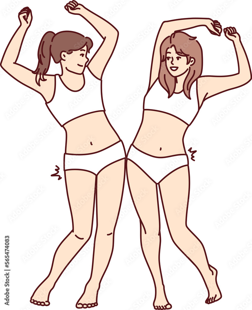 Slender women in swimsuits bumping hips rejoice at result of losing weight after diet. Vector image Slender women in swimsuits bumping hips rejoice at result of losing weight after diet. Vector image