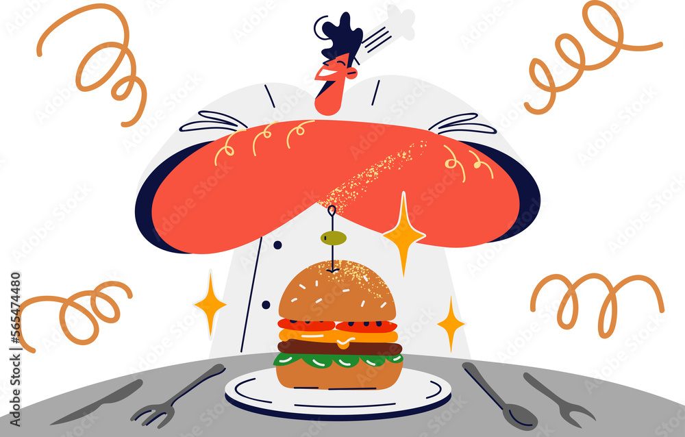 Proud male chef presenting burger Proud male chef presenting burger