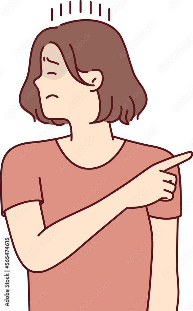 Offended woman turns away and closing eyes points finger to side after quarrel. Vector image Offended woman turns away and closing eyes points finger to side after quarrel. Vector image