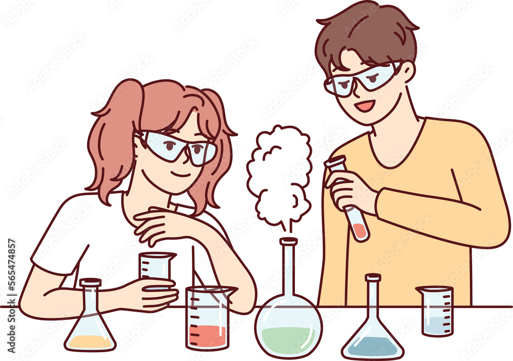 Youth boy and girl conduct chemical experiments standing near table with test tubes. Vector image Youth boy and girl conduct chemical experiments standing near table with test tubes. Vector image